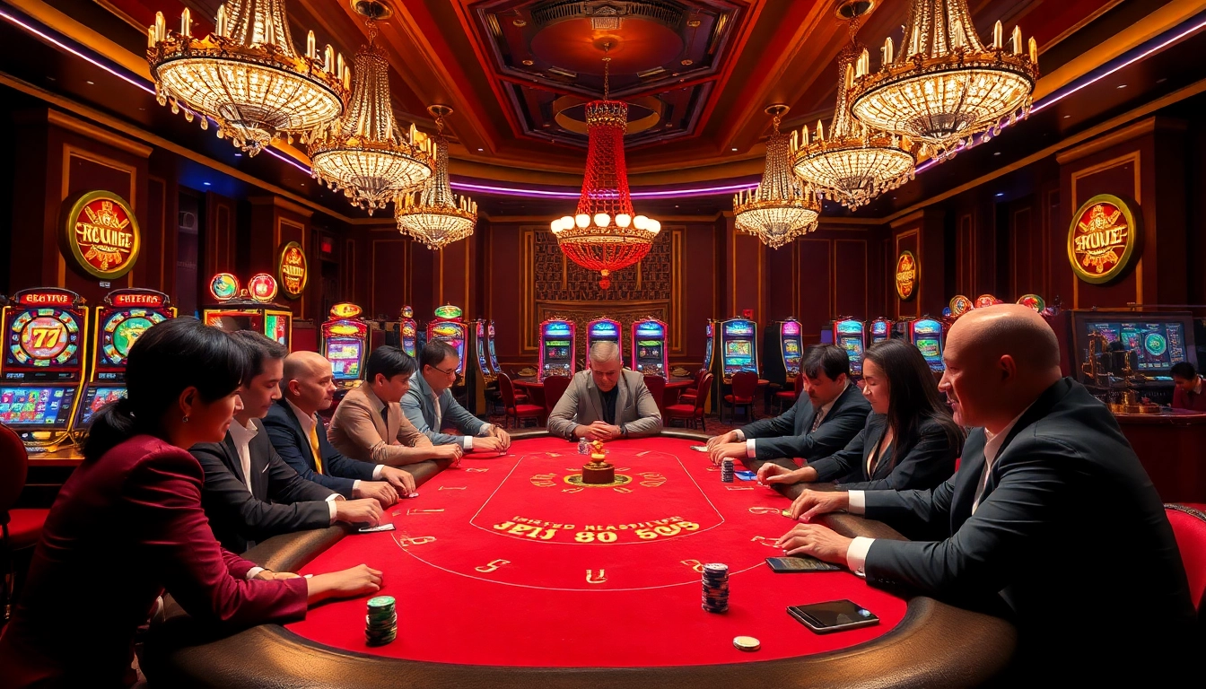 RR88 Casino Scene: High-stakes poker table filled with excited players and vibrant slot machines in a luxury setting.