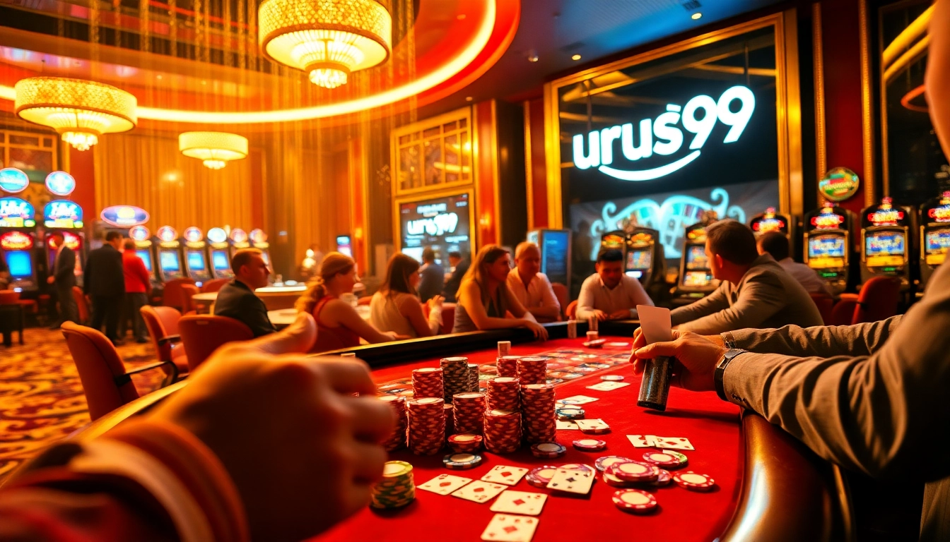 Feel the thrill at URUS99 casino with players at a poker table and a roulette wheel.