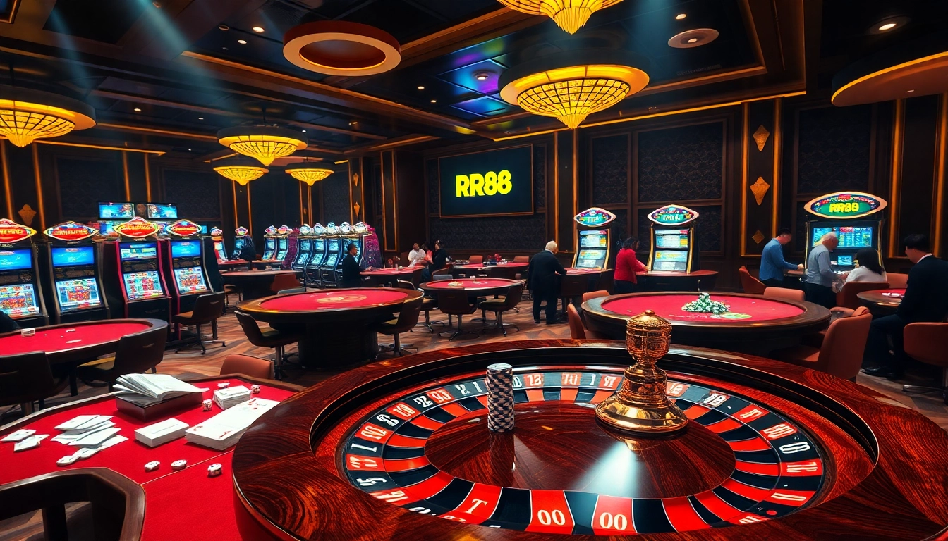Experience the excitement of RR88 at a vibrant casino with tables, slots, and roulette games.