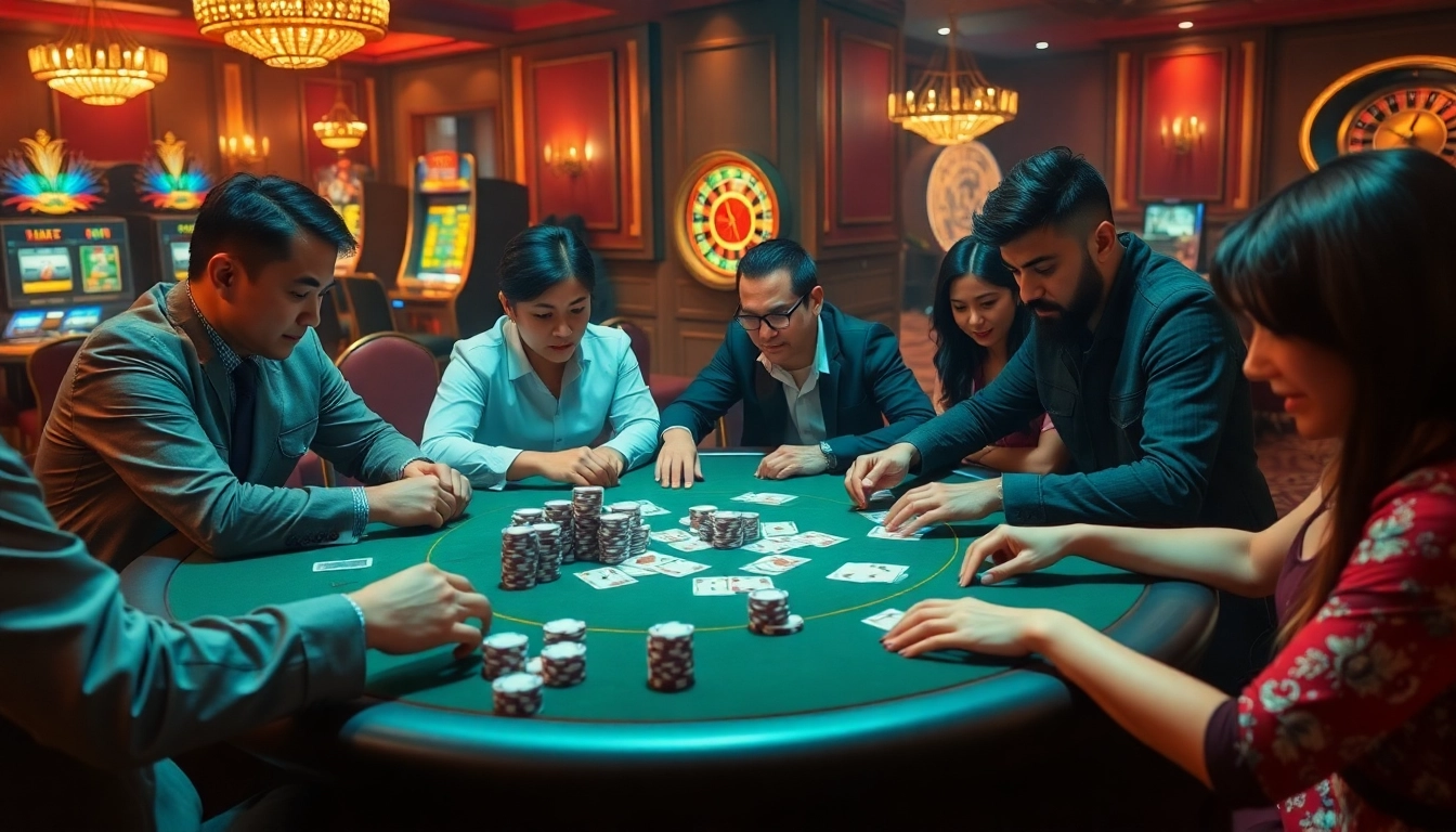 Engaging poker game at a vibrant casino with thương hiệu F168 prominently featured amidst intense action.