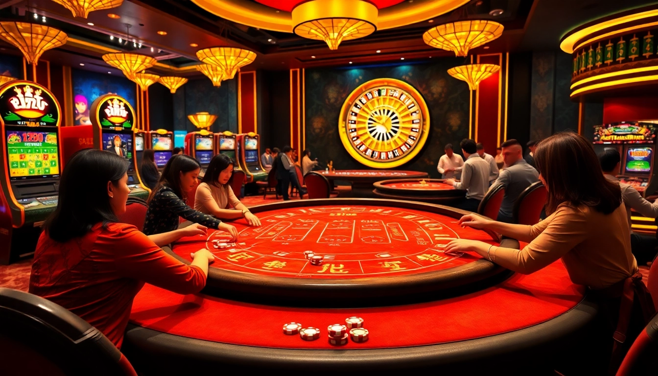 Experience the thrill of gambling with Web 68 game bài at a vibrant Tài Xỉu table in a luxurious casino setting.