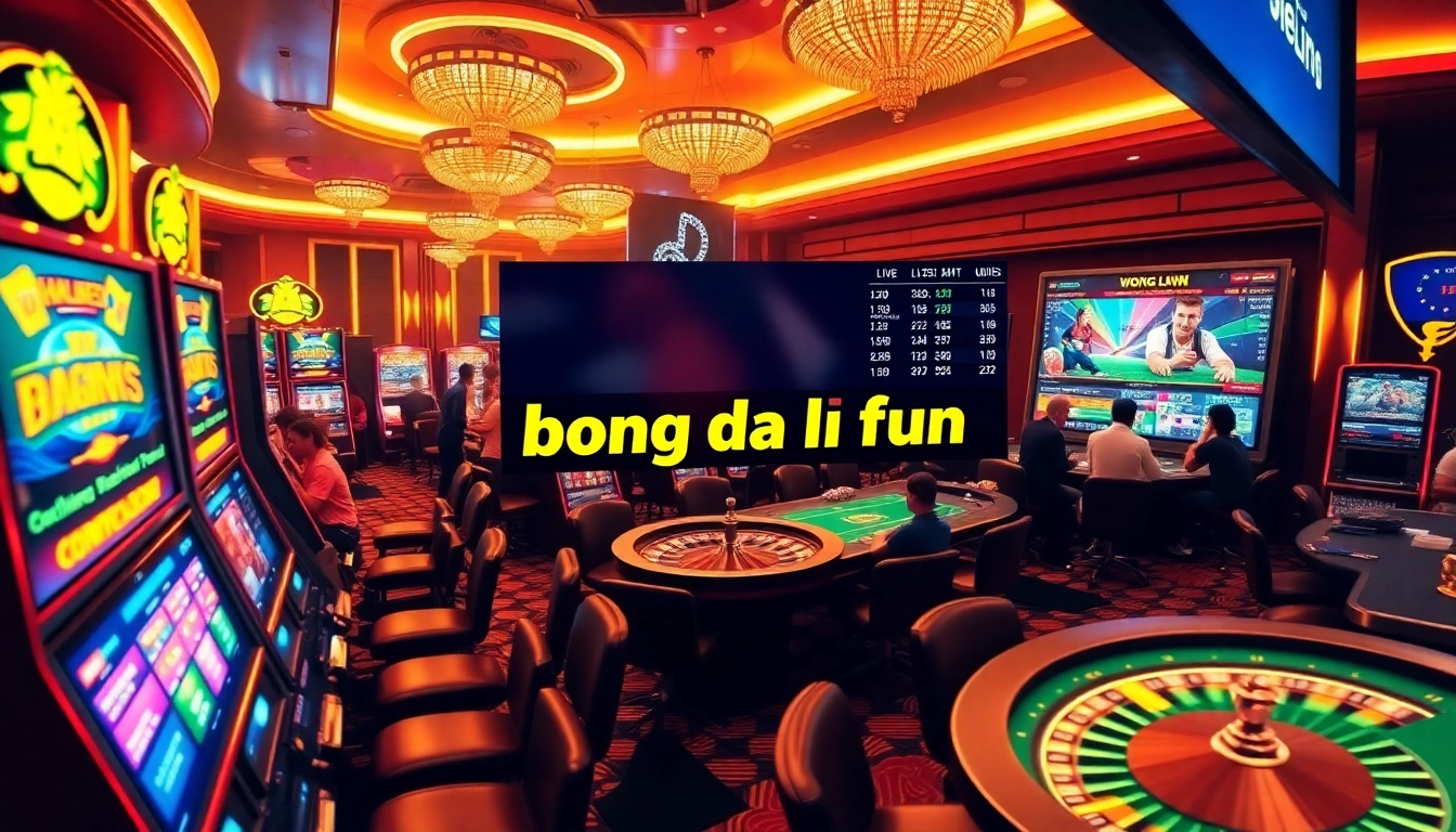 Engage with the excitement of "bong da lu fun" while playing on dynamic casino tables filled with poker chips and cards.