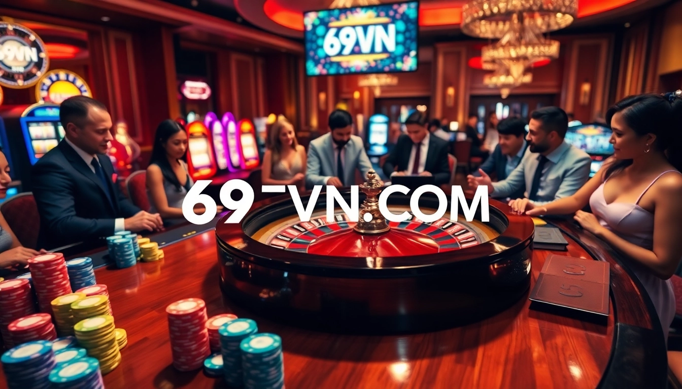 Explore the thrilling atmosphere at 69VN COM's casino with vibrant roulette action, colorful chips, and eager players.