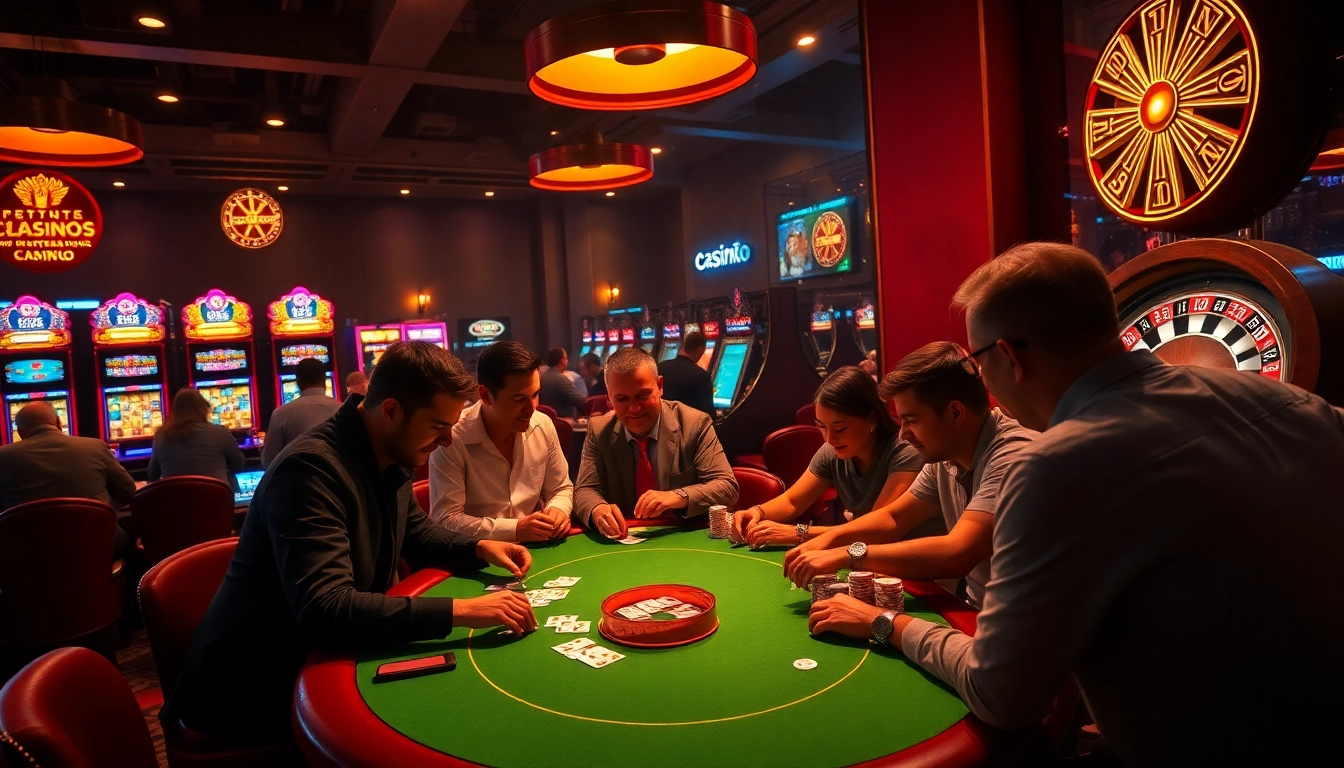 Players immersed at a casino table showcasing deneme bonusu veren siteler with vibrant poker chips and cards in action.