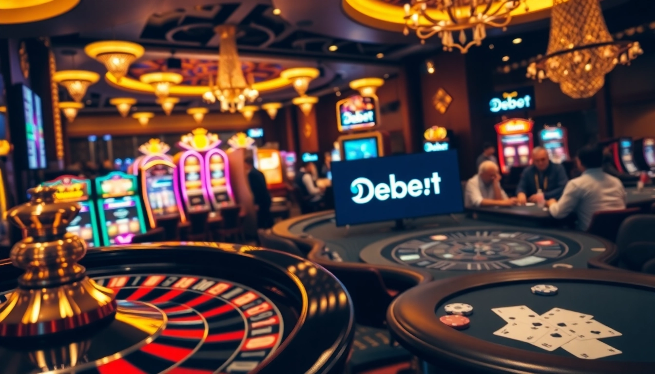 Exciting casino atmosphere with Debet branding, featuring roulette wheel, slot machines, and players at poker tables.