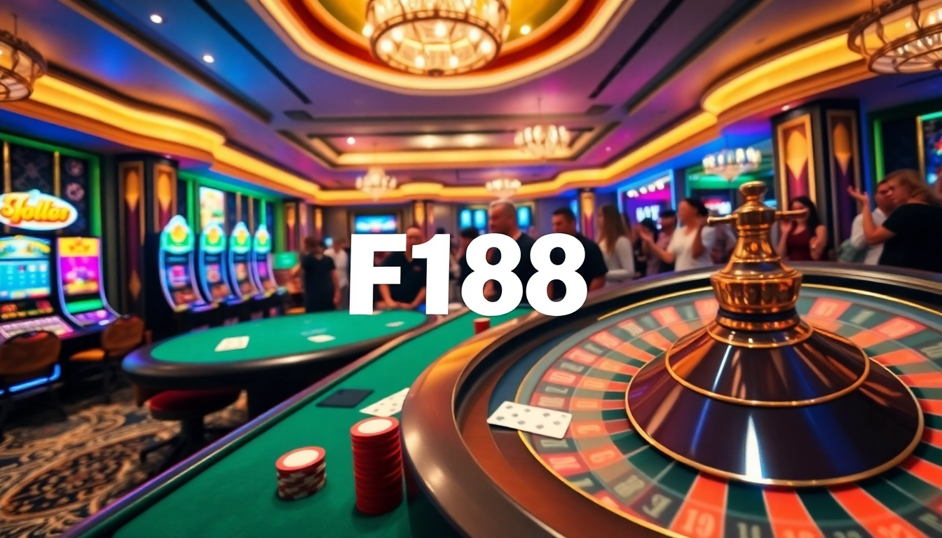 Experience the thrill of gaming with thương hiệu F168 at a lively casino, showcasing poker, slots, and roulette excitement.