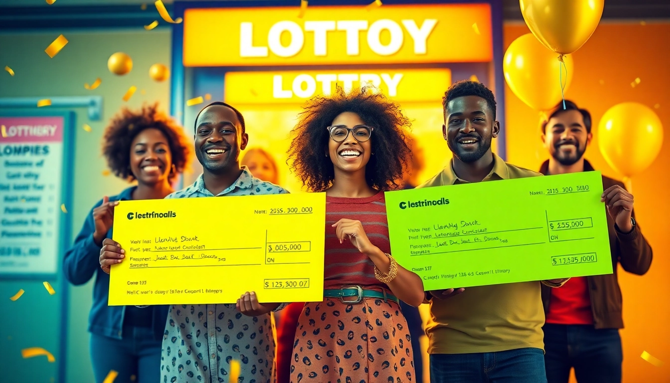 Winning lottery players celebrating with oversized checks and colorful tickets.