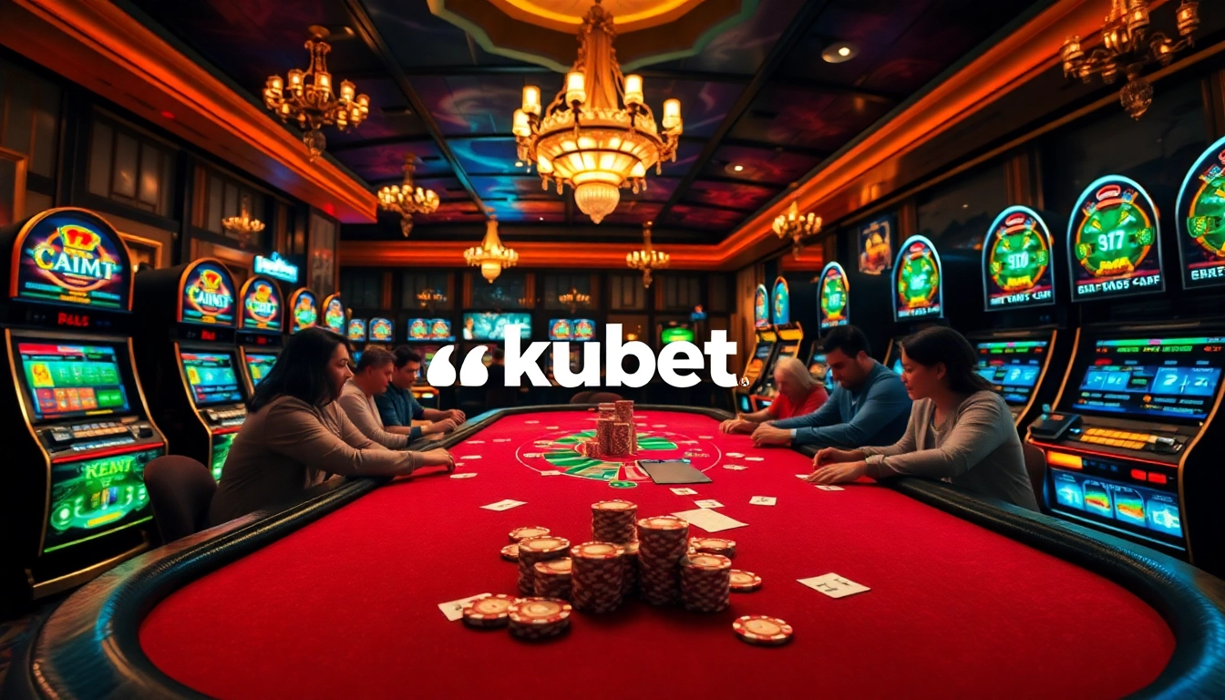 Kubet77 players engaging intensely at a luxurious casino poker table amidst vibrant slot machines.