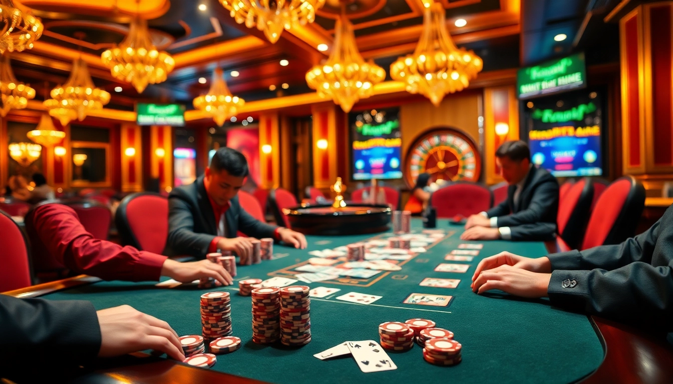 Intense poker game at a luxurious casino showcasing nhà cái uy tín nhất Việt Nam with high-stakes chips and cards.