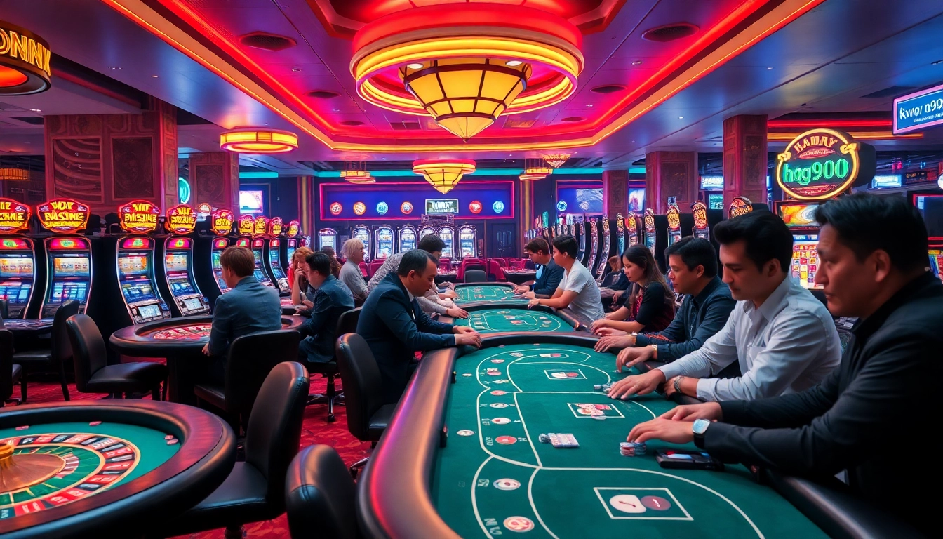 Experience the thrill at hgo909 with players eager to win at slot machines and tables in a lively casino.