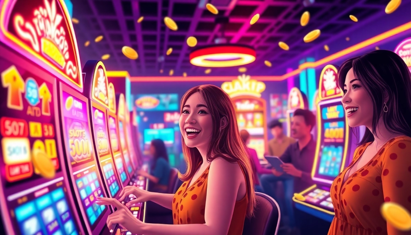 Experience the thrill of Slot gacor with players enjoying exciting slot machines at a vibrant casino scene.