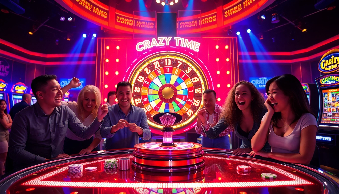 Experience the thrill as players engage in casino scores crazy time at a lively gaming table with vibrant visuals.