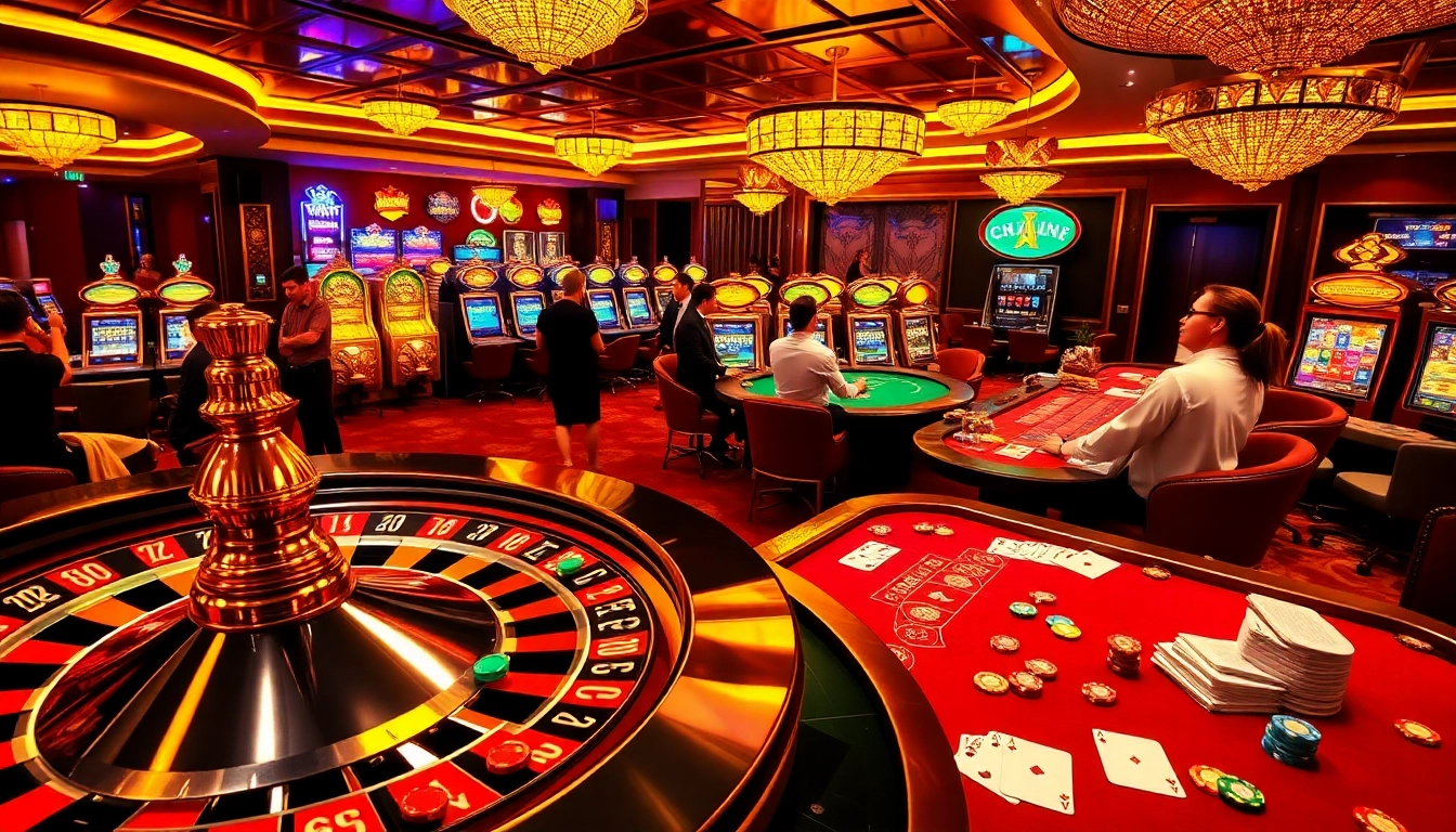 Experience the thrill of gamebaidoithuong with vibrant casino tables, roulette wheels, and eager players in action.