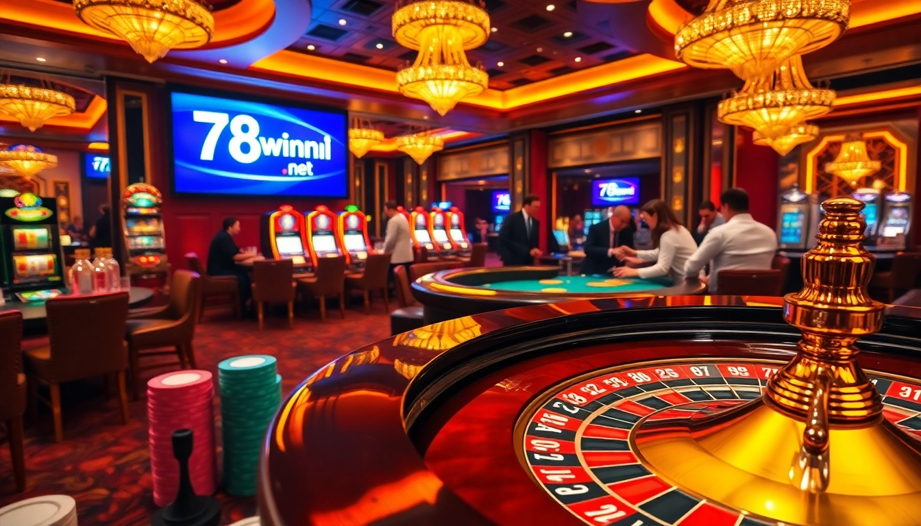 78winni net engaging players at a roulette table surrounded by vibrant slot machines, showcasing the thrill of gambling.