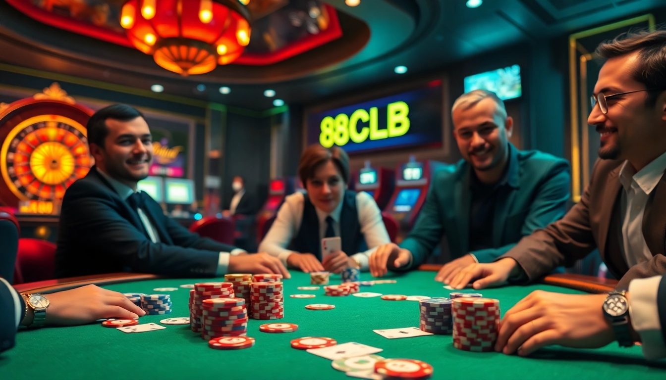 Experience the thrill of 88CLB as poker players strategize, surrounded by casino ambiance.
