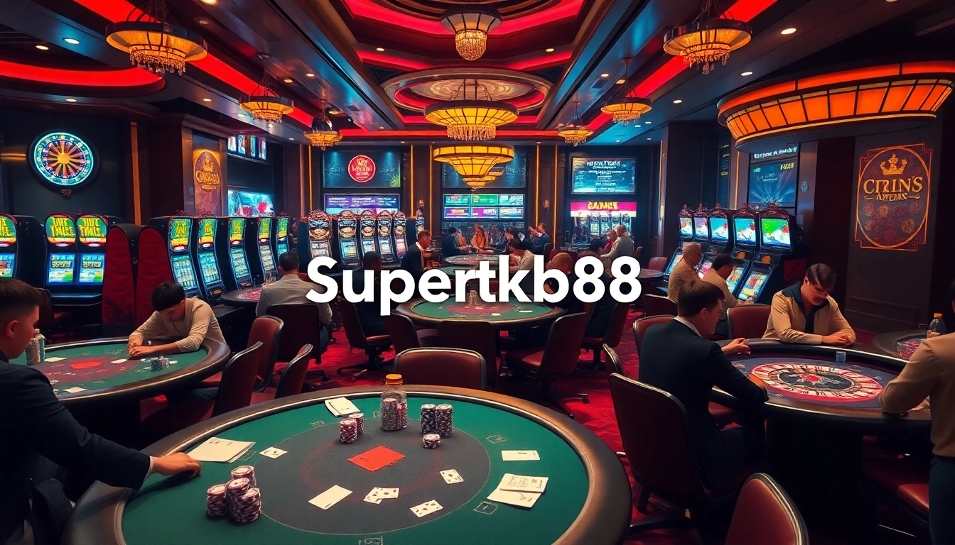 Supertkb88 poker players engage in a high-stakes game among vibrant slot machines.