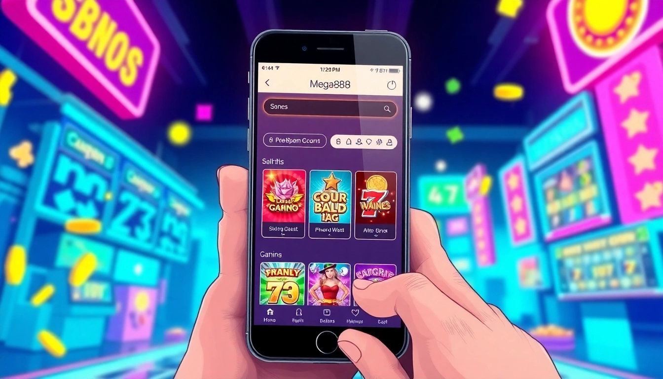 Experience the thrill of mega888 ios 16 download with vibrant gaming graphics on a smartphone screen.