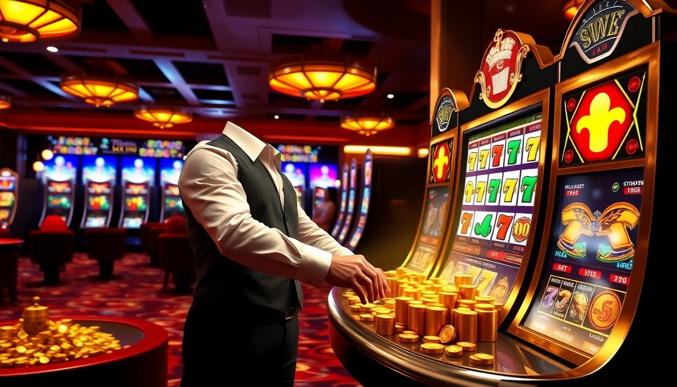 Menampilkan mesin game slot yang mewah dan berwarna-warni dengan seorang pemain yang mengantisipasi kemenangan.